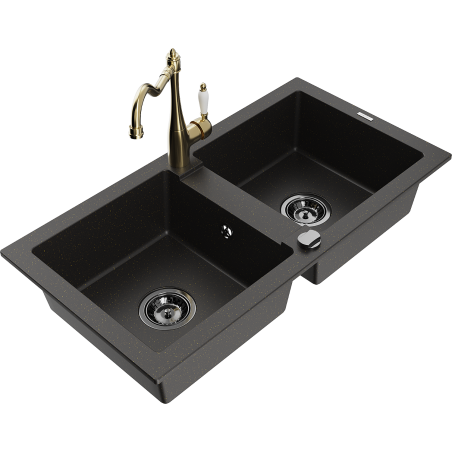 Mexen Mario žulový dvojkomorový dřez s kuchyňskou baterií Carla, černý/zlatý metalík - 6504-75-670700-50-B