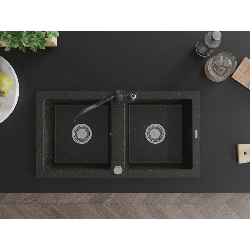 Mexen Mario granitový dřez dvoukomorový s kuchyňskou baterií Carla, černý/zlatý metalik - 6504-75-670700-70