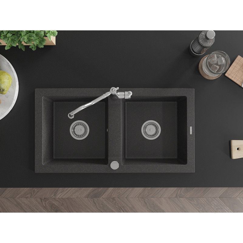 Mexen Mario dvoukomorový granitový kuchyňský dřez s kuchyňskou baterií Carla, černý kropenatý - 6504-76-670700-00