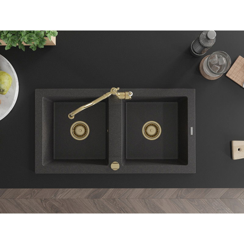 Mexen Mario granitový dřez dvoukomorový s kuchyňskou baterií Carla, černý skvrnitý - 6504-76-670700-50