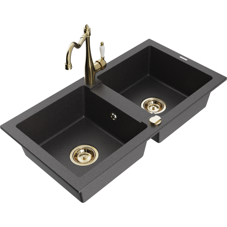 Mexen Mario granitový dřez dvoukomorový s kuchyňskou baterií Carla, černý skvrnitý - 6504-76-670700-50