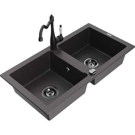 Mexen Mario žulový dřez dvoukomorový s kuchyňskou baterií Carla, černý tečkovaný - 6504-76-670700-70-B