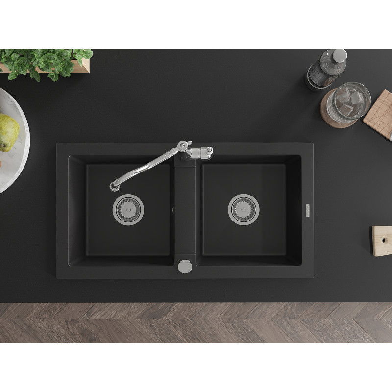 Mexen Mario dvoukomorový žulový dřez s kuchyňskou baterií Carla, černý - 6504-77-670700-00