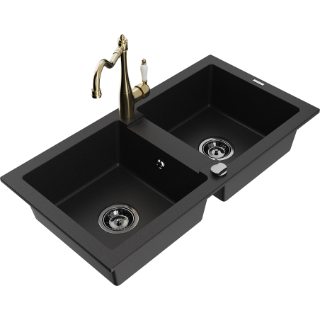 Mexen Mario granitový dřez s 2 komorami a kuchyňskou baterií Carla, černý - 6504-77-670700-50-B