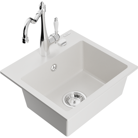Mexen Milo granitový dřez 1-komorový s kuchyňskou baterií Carla, bílá - 6505-20-670700-00