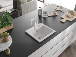 Mexen Milo granitový dřez 1-komorový s kuchyňskou baterií Carla, bílý - 6505-20-670700-20