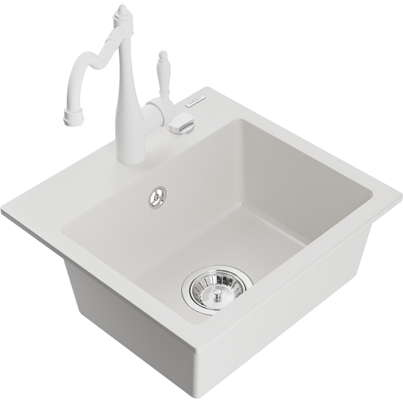 Mexen Milo granitový dřez 1-komorový s kuchyňskou baterií Carla, bílý - 6505-20-670700-20