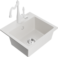 Mexen Milo granitový dřez 1-komorový s kuchyňskou baterií Carla, bílý - 6505-20-670700-20