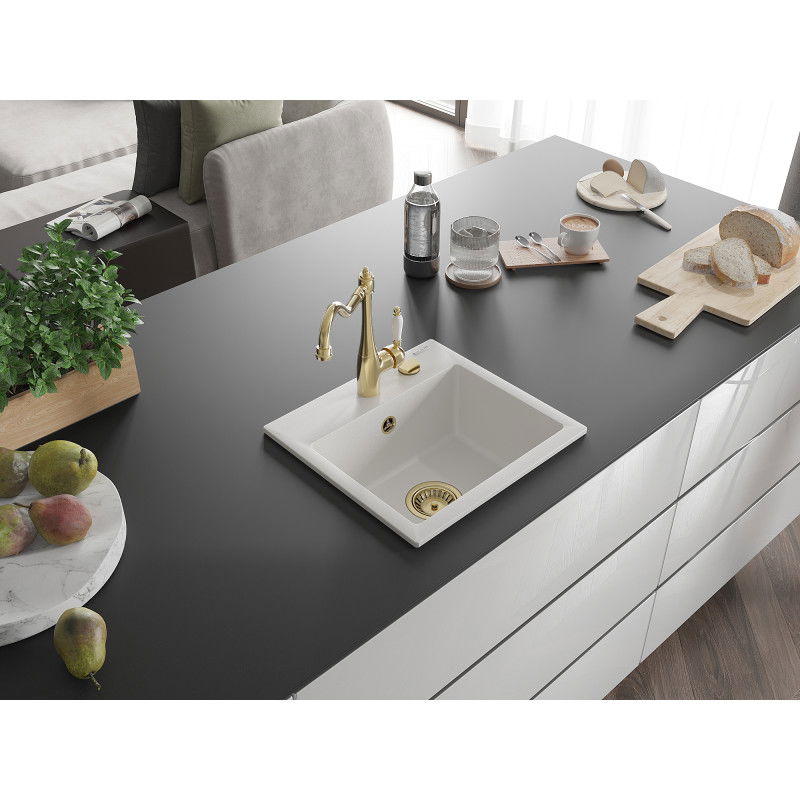 Mexen Milo granitový dřez jednokomorový s kuchyňskou baterií Carla, bílý - 6505-20-670700-50