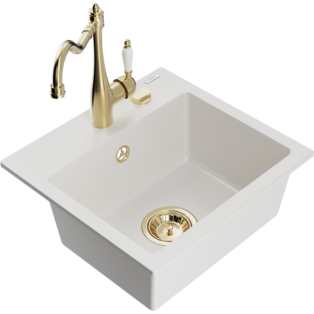 Mexen Milo granitový dřez jednokomorový s kuchyňskou baterií Carla, bílý - 6505-20-670700-50