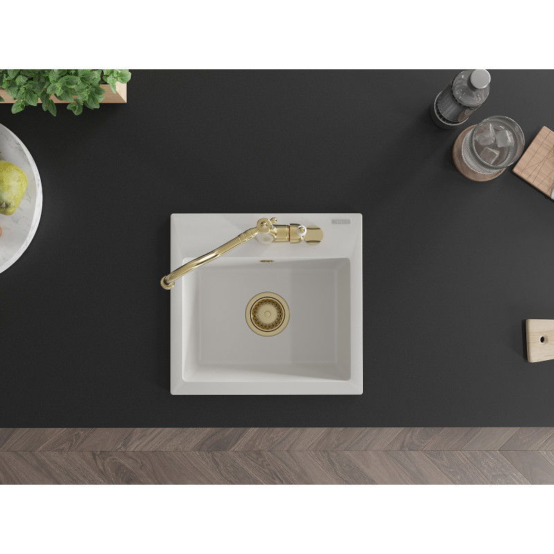 Mexen Milo granitový dřez jednokomorový s kuchyňskou baterií Carla, bílý - 6505-20-670700-50