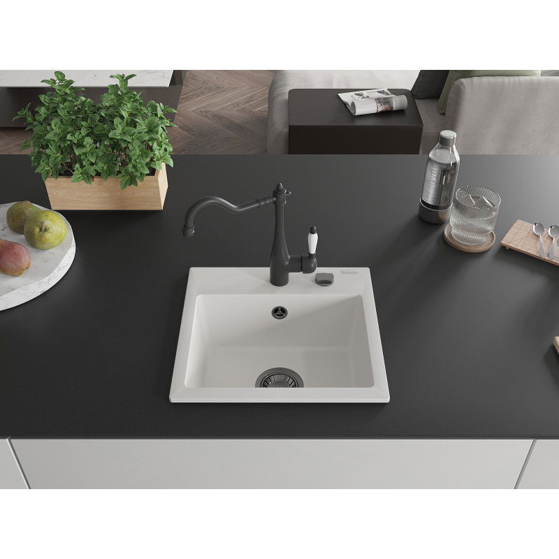 Mexen Milo granitový dřez 1-komorový s kuchyňskou baterií Carla, bílý - 6505-20-670700-70