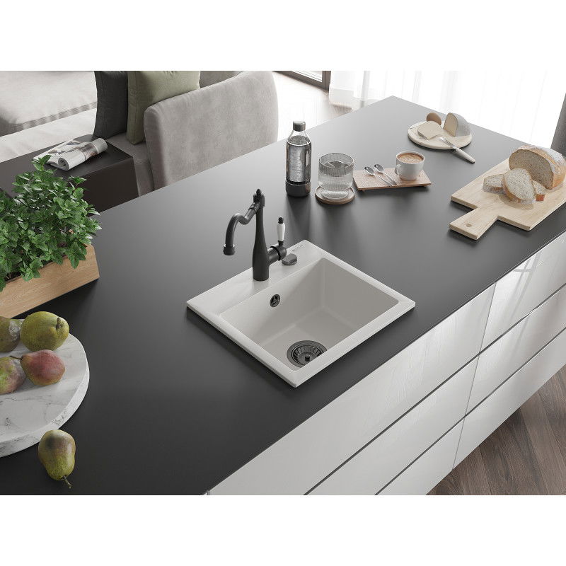 Mexen Milo granitový dřez 1-komorový s kuchyňskou baterií Carla, bílý - 6505-20-670700-70