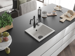 Mexen Milo granitový dřez 1-komorový s kuchyňskou baterií Carla, bílý - 6505-20-670700-70