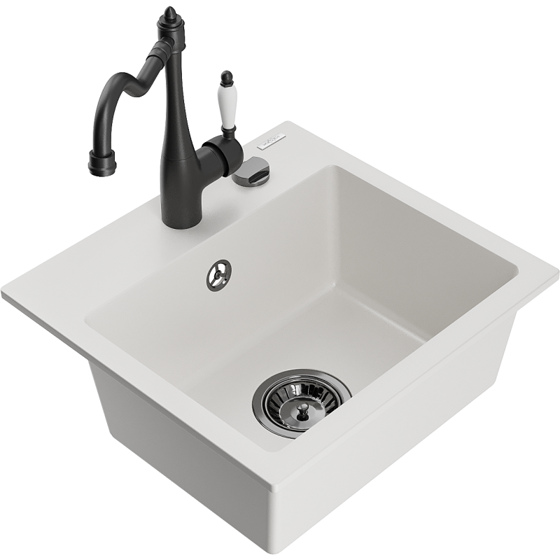 Mexen Milo granitový dřez 1-komorový s kuchyňskou baterií Carla, bílý - 6505-20-670700-70