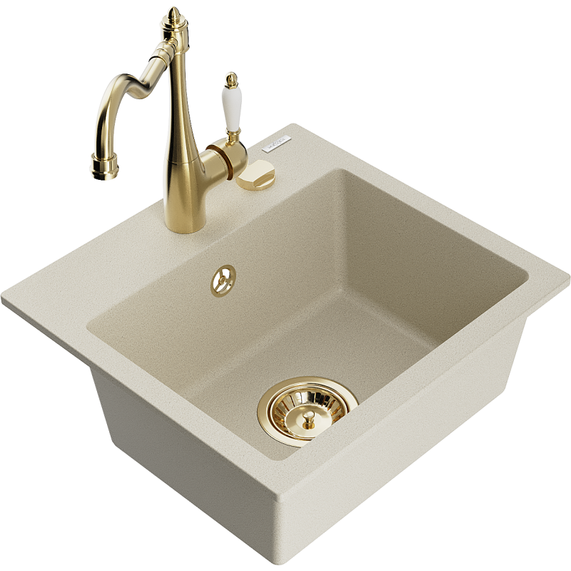 Mexen Milo granitový dřez 1-komorový s kuchyňskou baterií Carla, béžový - 6505-69-670700-50