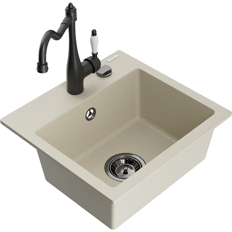 Mexen Milo granitový dřez 1-komorový s kuchyňskou baterií Carla, béžový - 6505-69-670700-70