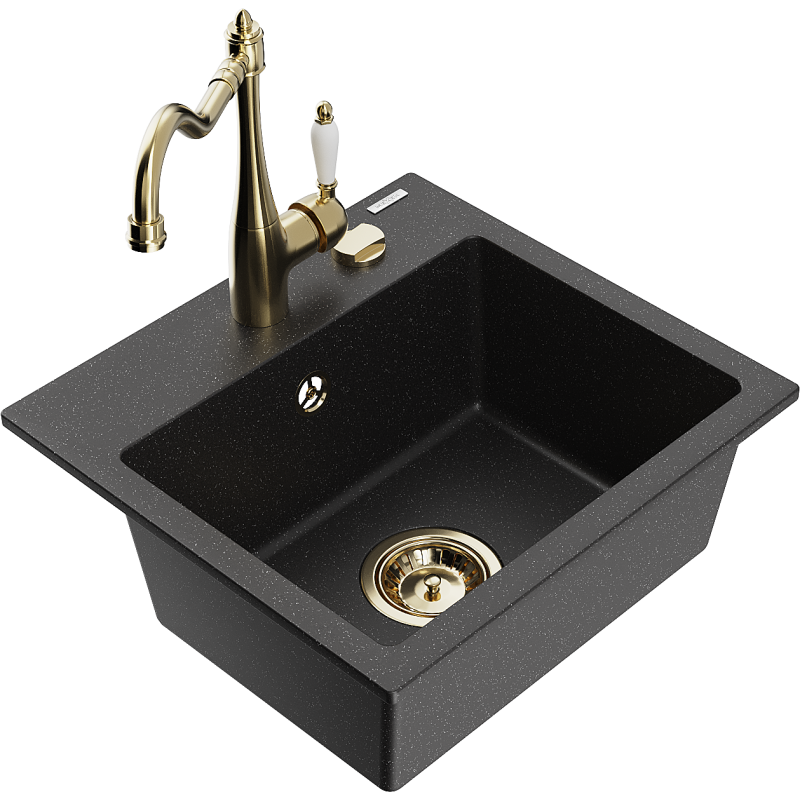 Mexen Milo granitový dřez 1-komorový s kuchyňskou baterií Carla, černý/stříbrný metalík - 6505-73-670700-50