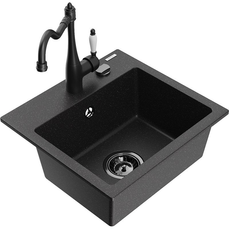 Mexen Milo granitový dřez 1-komorový s kuchyňskou baterií Carla, černý/stříbrný metalik - 6505-73-670700-70-B