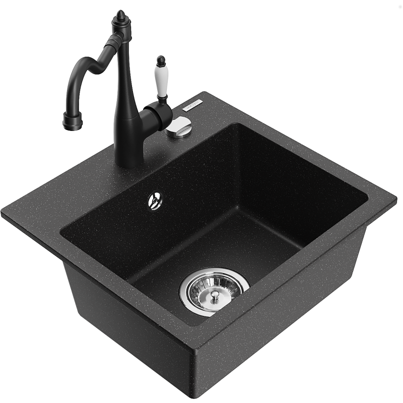 Mexen Milo granitový dřez 1-komorový s kuchyňskou baterií Carla, černý/stříbrný metalik - 6505-73-670700-70