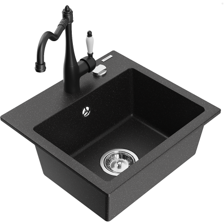 Mexen Milo granitový dřez 1-komorový s kuchyňskou baterií Carla, černý/stříbrný metalik - 6505-73-670700-70