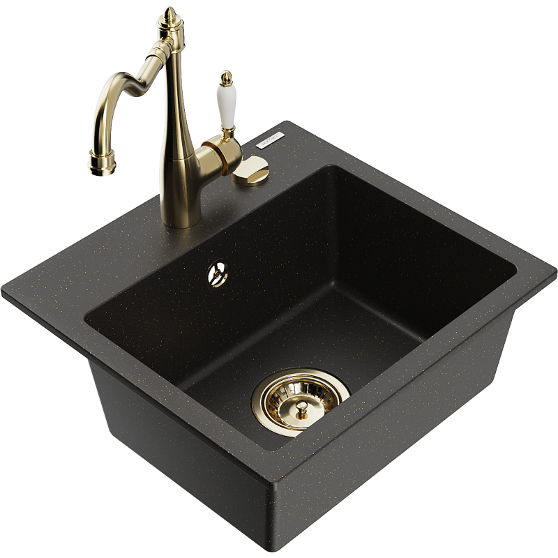 Mexen Milo granitový dřez 1-komorový s kuchyňskou baterií Carla, černý/zlatý metalik - 6505-75-670700-50