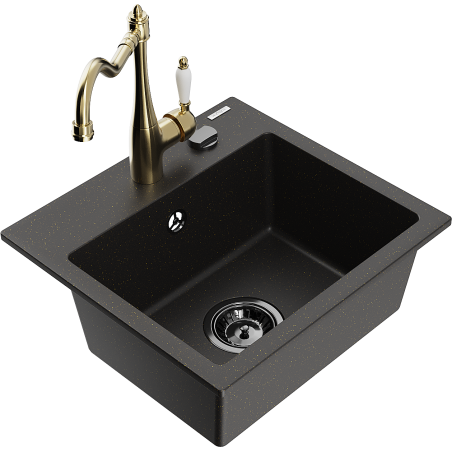 Mexen Milo žulový dřez 1-komorový s kuchyňskou baterií Carla, černý/zlatý metalik - 6505-75-670700-50-B