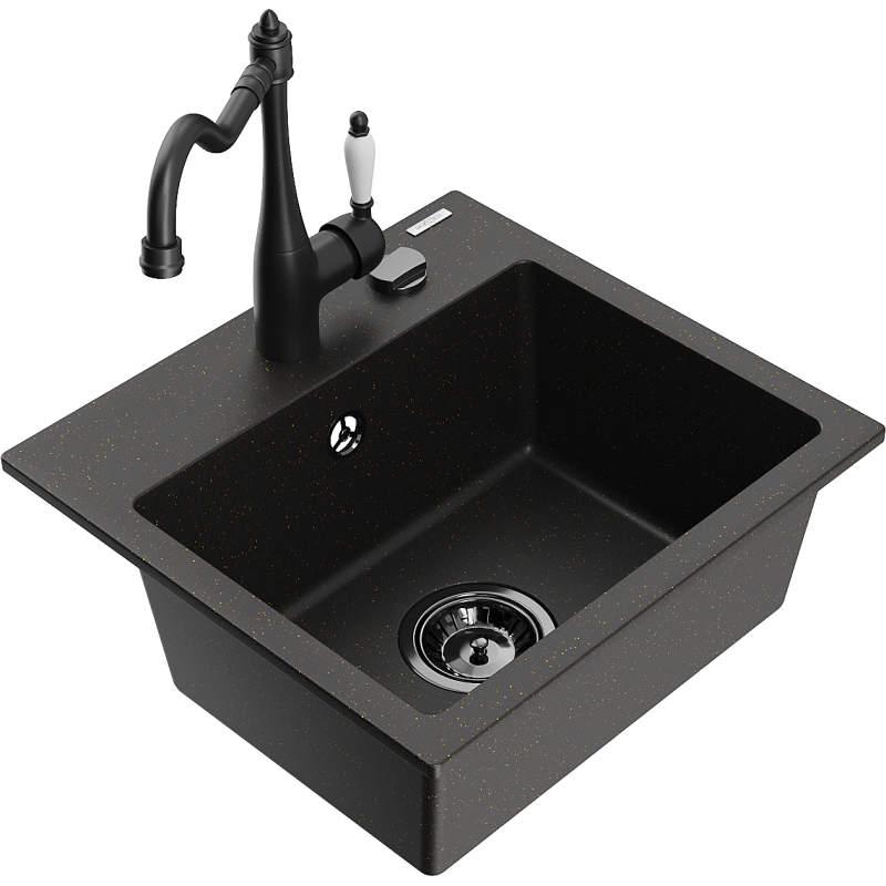 Mexen Milo granitový dřez 1-komorový s kuchyňskou baterií Carla, černý/zlatý metalický - 6505-75-670700-70-B