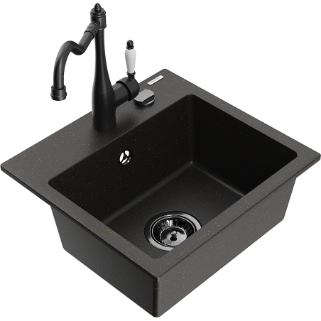 Mexen Milo granitový dřez 1-komorový s kuchyňskou baterií Carla, černý/zlatý metalický - 6505-75-670700-70-B