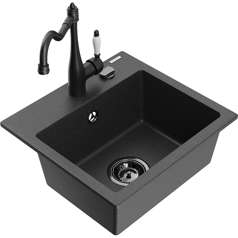 Mexen Milo žulový dřez s baterií Carla, jednokomorový, černý s bílými skvrnami - 6505-76-670700-70-B