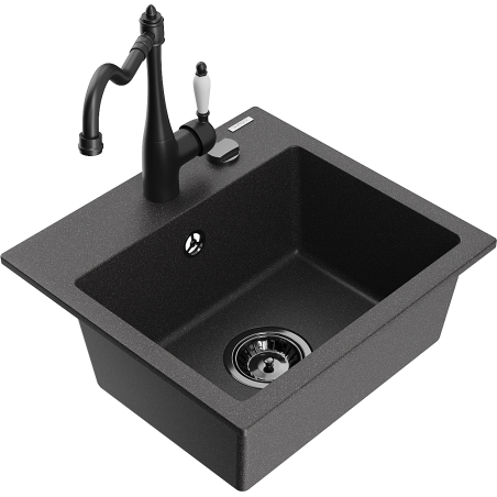 Mexen Milo žulový dřez s baterií Carla, jednokomorový, černý s bílými skvrnami - 6505-76-670700-70-B