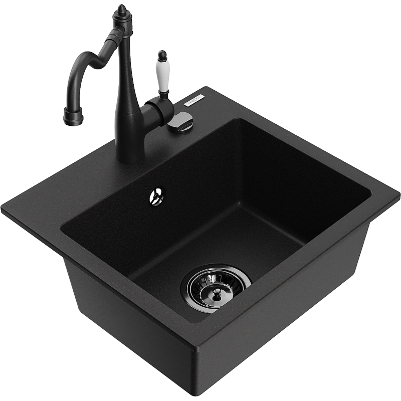 Mexen Milo granitový dřez 1-komorový s kuchyňskou baterií Carla, černý - 6505-77-670700-70-B