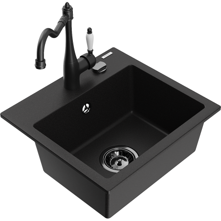 Mexen Milo granitový dřez 1-komorový s kuchyňskou baterií Carla, černý - 6505-77-670700-70-B