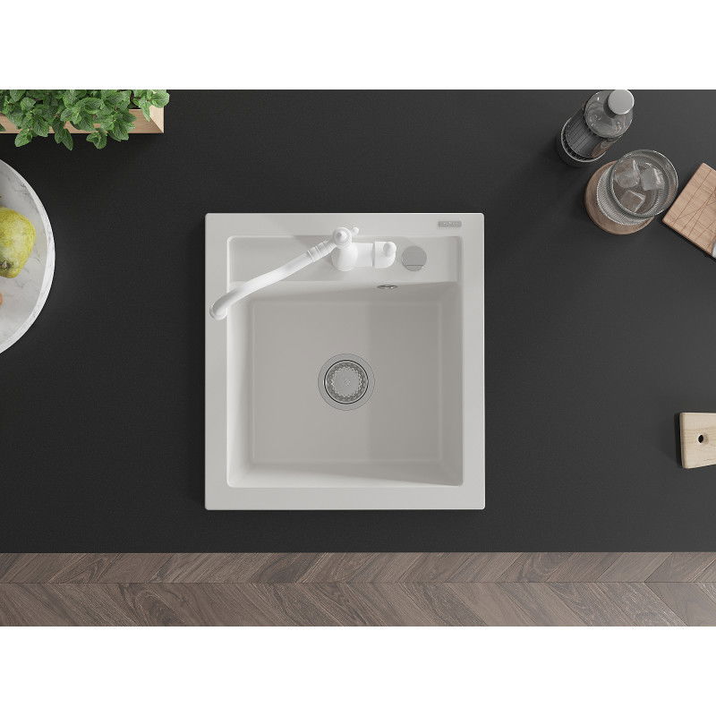 Mexen Vito dřez z granitu 1-komorový s kuchyňskou baterií Carla, bílý - 6503-20-670700-20