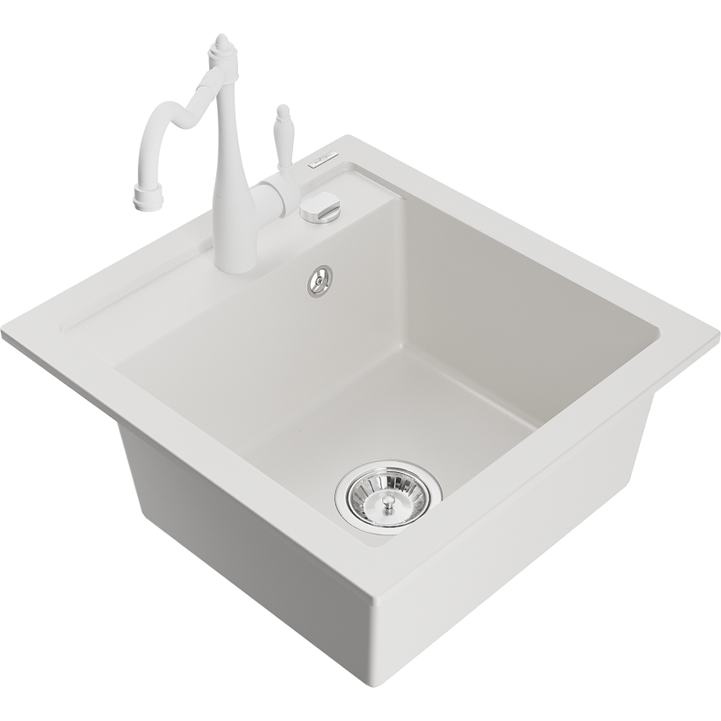 Mexen Vito dřez z granitu 1-komorový s kuchyňskou baterií Carla, bílý - 6503-20-670700-20