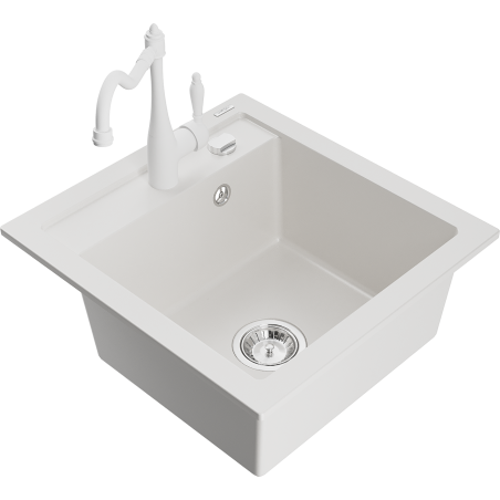 Mexen Vito dřez z granitu 1-komorový s kuchyňskou baterií Carla, bílý - 6503-20-670700-20
