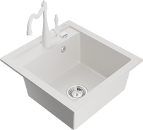 Mexen Vito dřez z granitu 1-komorový s kuchyňskou baterií Carla, bílý - 6503-20-670700-20