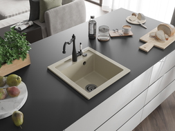 Mexen Vito granitový dřez s 1 komorou a kuchyňskou baterií Carla, béžový - 6503-69-670700-70