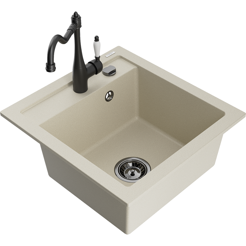 Mexen Vito granitový dřez s 1 komorou a kuchyňskou baterií Carla, béžový - 6503-69-670700-70