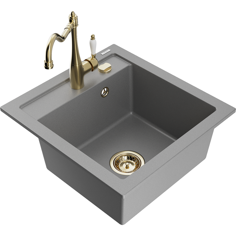 Mexen Vito jedno-komorový granitový dřez s kuchyňskou baterií Carla, šedá - 6503-71-670700-50