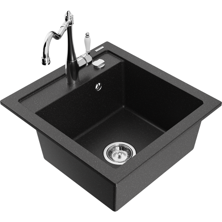 Mexen Vito granitový dřez 1-komorový s kuchyňskou baterií Carla, černý/stříbrný metalik - 6503-73-670700-00