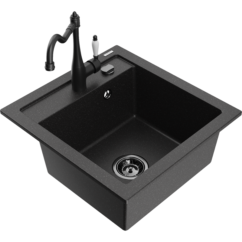 Mexen Vito granitový dřez jednokomorový s kuchyňskou baterií Carla, černý/stříbrný metalik - 6503-73-670700-70-B