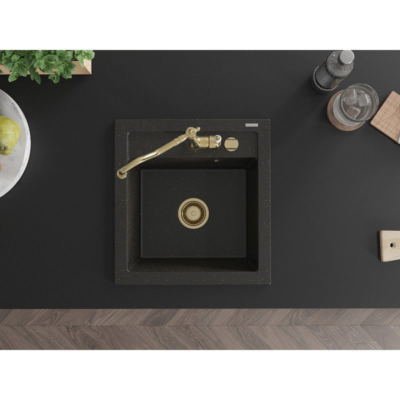 Mexen Vito granitový kuchyňský dřez s 1 komorou a kuchyňskou baterií Carla, černý/zlatý metalický - 6503-75-670700-50