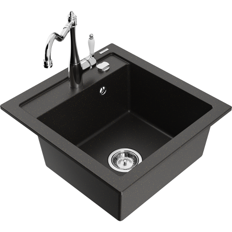Mexen Vito granitový dřez s 1 komorou a kuchyňskou baterií Carla, černý/zlatý metalický - 6503-75-670700-00