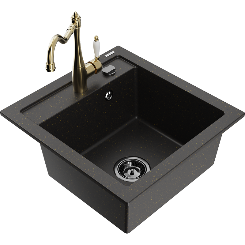 Mexen Vito granitový dřez 1-komorový s kuchyňskou baterií Carla, černý/zlatý metalický - 6503-75-670700-50-B