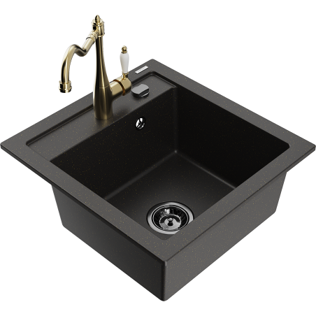 Mexen Vito granitový dřez 1-komorový s kuchyňskou baterií Carla, černý/zlatý metalický - 6503-75-670700-50-B