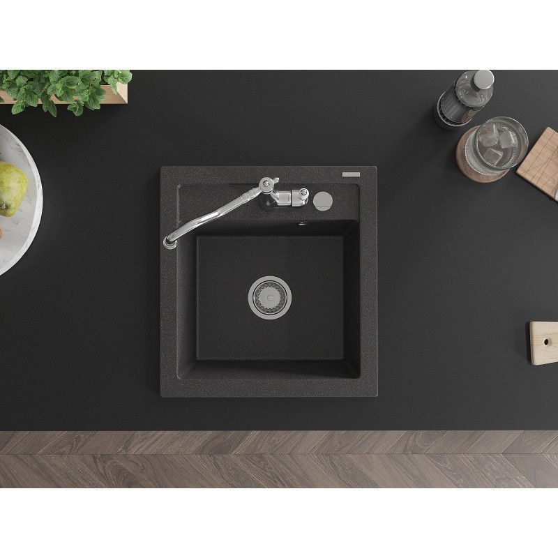 Mexen Vito granitový dřez 1-komorový s kuchyňskou baterií Carla, černý skvrnitý - 6503-76-670700-00