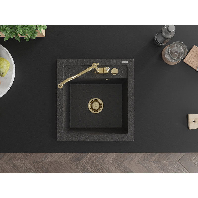 Mexen Vito jednokomorový granitový dřez s kuchyňskou baterií Carla, černý s tečkami - 6503-76-670700-50