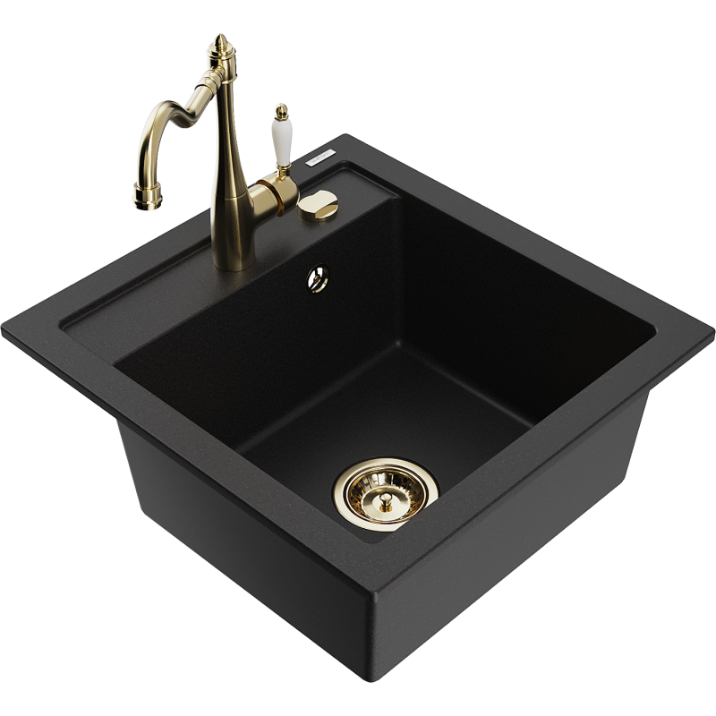 Mexen Vito granitový dřez 1-komorový s kuchyňskou baterií Carla, černý - 6503-77-670700-50