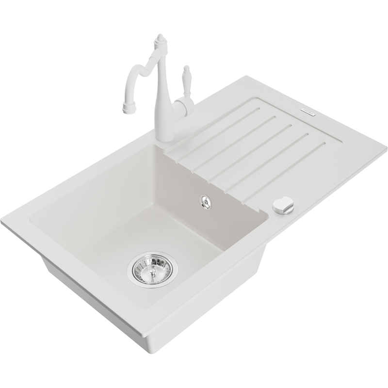 Mexen Pablo granitový dřez s 1 komorou a odkapávačem a kuchyňskou baterií Carla, bílý - 6510-20-670700-20